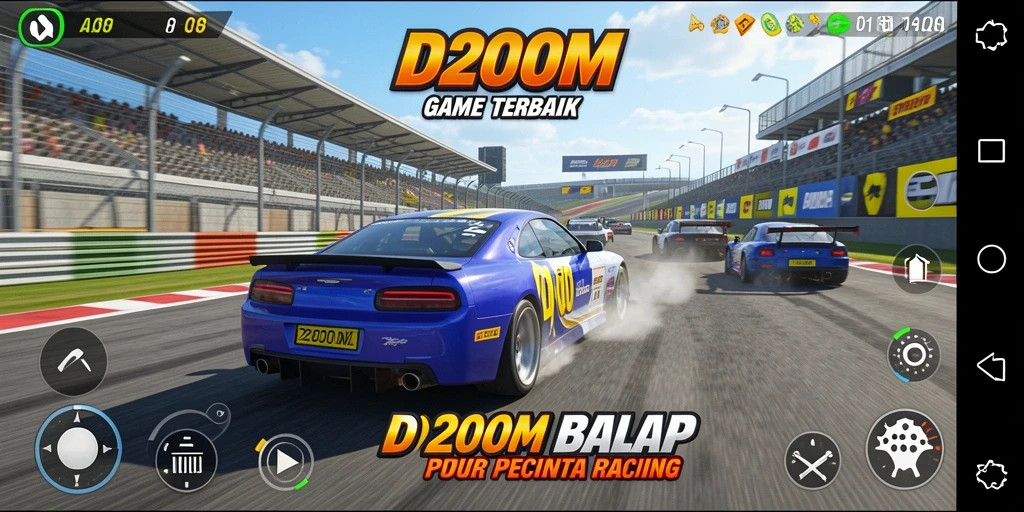 Tangkapan layar D200M menampilkan aksi balap yang mendebarkan dan grafis yang mengagumkan.