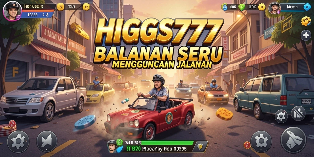 Gameplay HIGGS777 menampilkan balapan yang mendebarkan dengan mobil yang cepat.