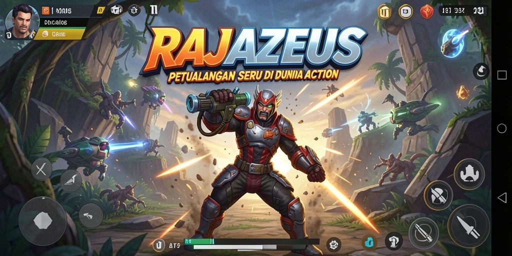 Tampilan dinamis gameplay RAJAZEUS dengan karakter bertarung di medan perang.
