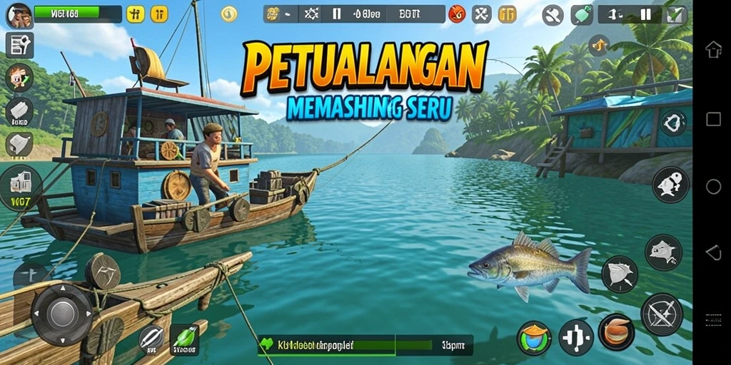 Gameplay W67 yang menampilkan momen menangkap ikan.