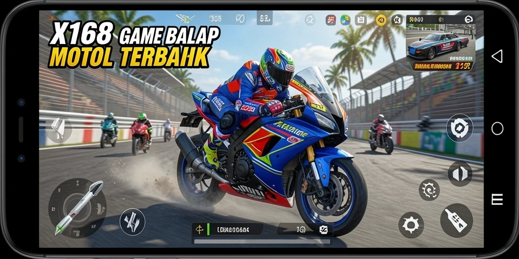 Tampilan screenshot X168 menampilkan aksi balap motor yang mendebarkan.