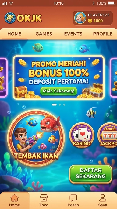 Tampilan utama aplikasi okjk dengan banyak pilihan kategori.